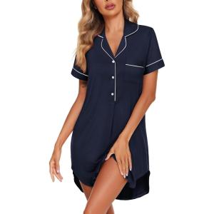 Ekouaer Women’s Nightgown Button Down Nightshirt V Neck Sleepshirt Short Sleeve Sleepwear Soft Pajama Dress(Navy Blue)