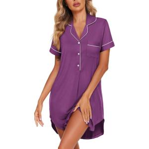 Ekouaer Women’s Nightgown Button Down Nightshirt V Neck Sleepshirt Short Sleeve Sleepwear Soft Pajama Dress(Purple)