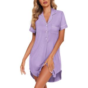 Ekouaer Women’s Nightgown Button Down Nightshirt V Neck Sleepshirt Short Sleeve Sleepwear Soft Pajama Dress(Violet)