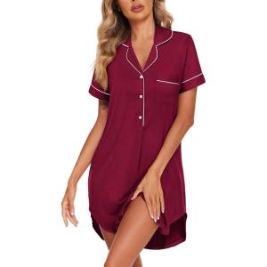 Ekouaer Women’s Nightgown Button Down Nightshirt V Neck Sleepshirt Short Sleeve Sleepwear Soft Pajama Dress(Wine Red)