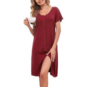 Ekouaer Women’s Nightshirt Short Sleeve Button Down Nightgown V-Neck Sleepwear Pajama Dress(Wine Red)
