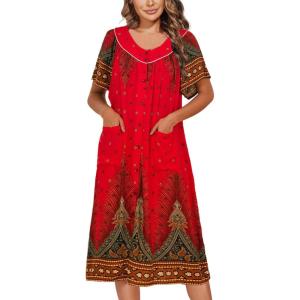 Ekouaer Women’s Short Sleeve House Dress Floral Mumu Dress Duster Housecoat Button Down Nightgown with Pockets(Floral Red)