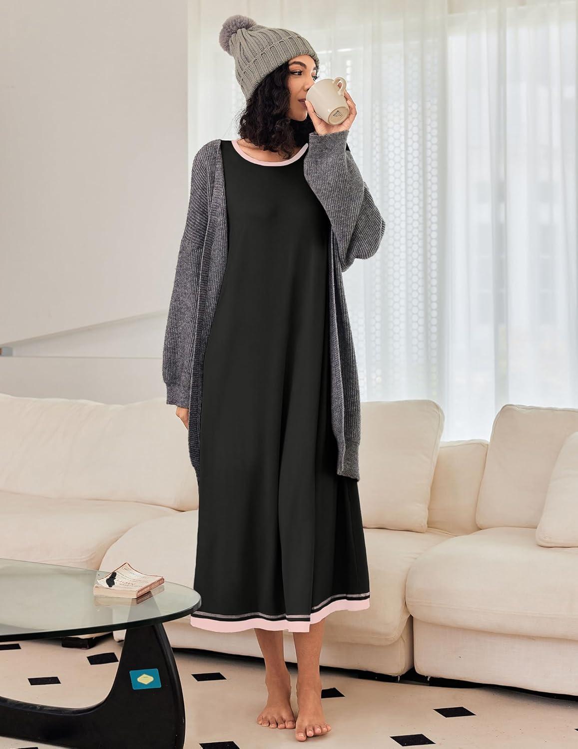imageEkouaer Nightgown Women Long Sleeve Sleepwear Full Length Long Nightshirt Soft Loungewear S4XLBlack