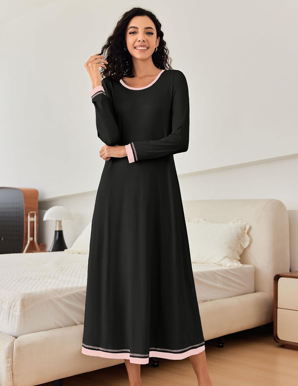 imageEkouaer Nightgown Women Long Sleeve Sleepwear Full Length Long Nightshirt Soft Loungewear S4XLBlack