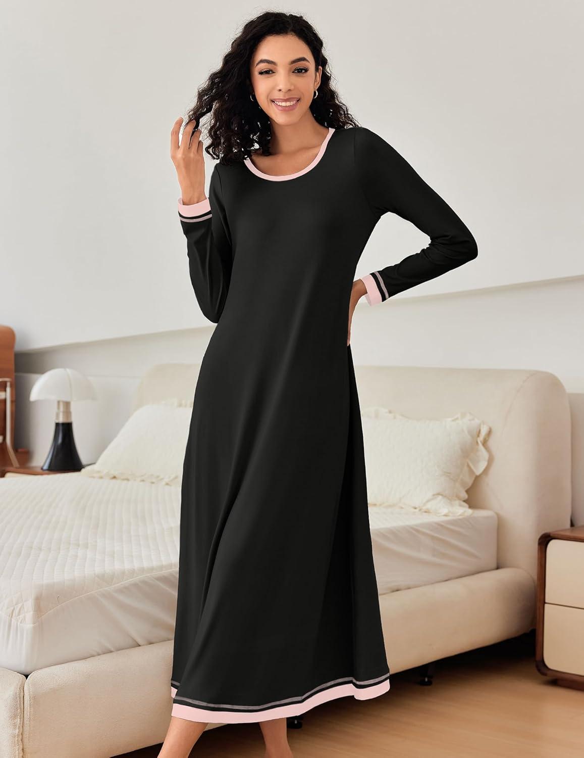 imageEkouaer Nightgown Women Long Sleeve Sleepwear Full Length Long Nightshirt Soft Loungewear S4XLBlack