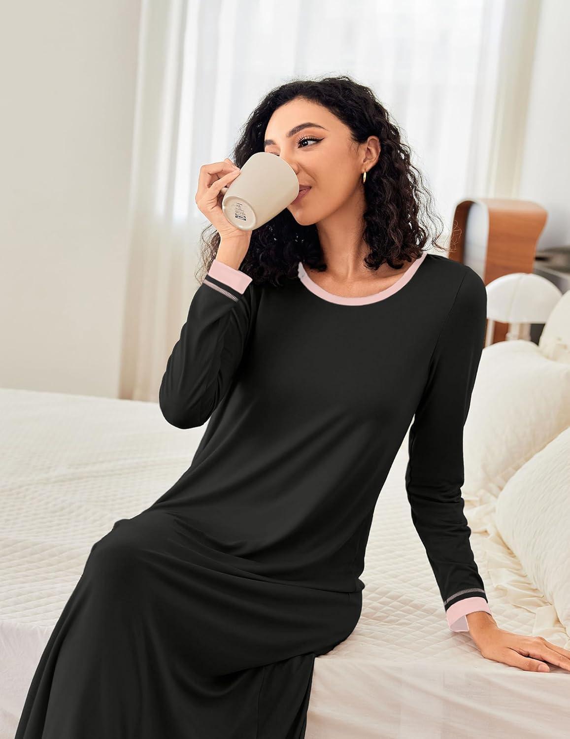 imageEkouaer Nightgown Women Long Sleeve Sleepwear Full Length Long Nightshirt Soft Loungewear S4XLBlack