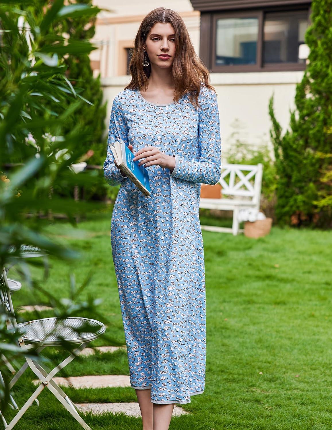 imageEkouaer Nightgown Women Long Sleeve Sleepwear Full Length Long Nightshirt Soft Loungewear S4XLBlue Floral
