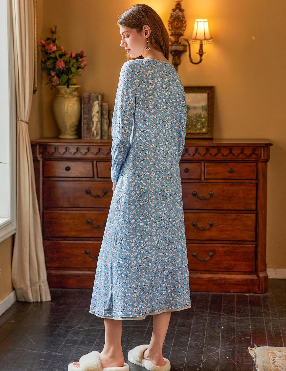 imageEkouaer Nightgown Women Long Sleeve Sleepwear Full Length Long Nightshirt Soft Loungewear S4XLBlue Floral