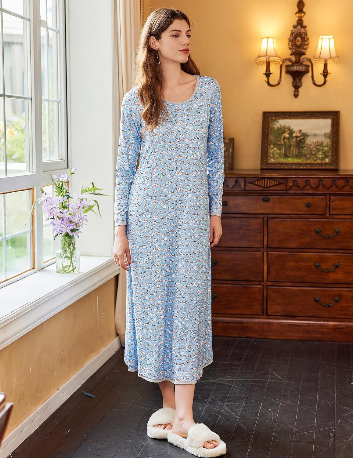 imageEkouaer Nightgown Women Long Sleeve Sleepwear Full Length Long Nightshirt Soft Loungewear S4XLBlue Floral