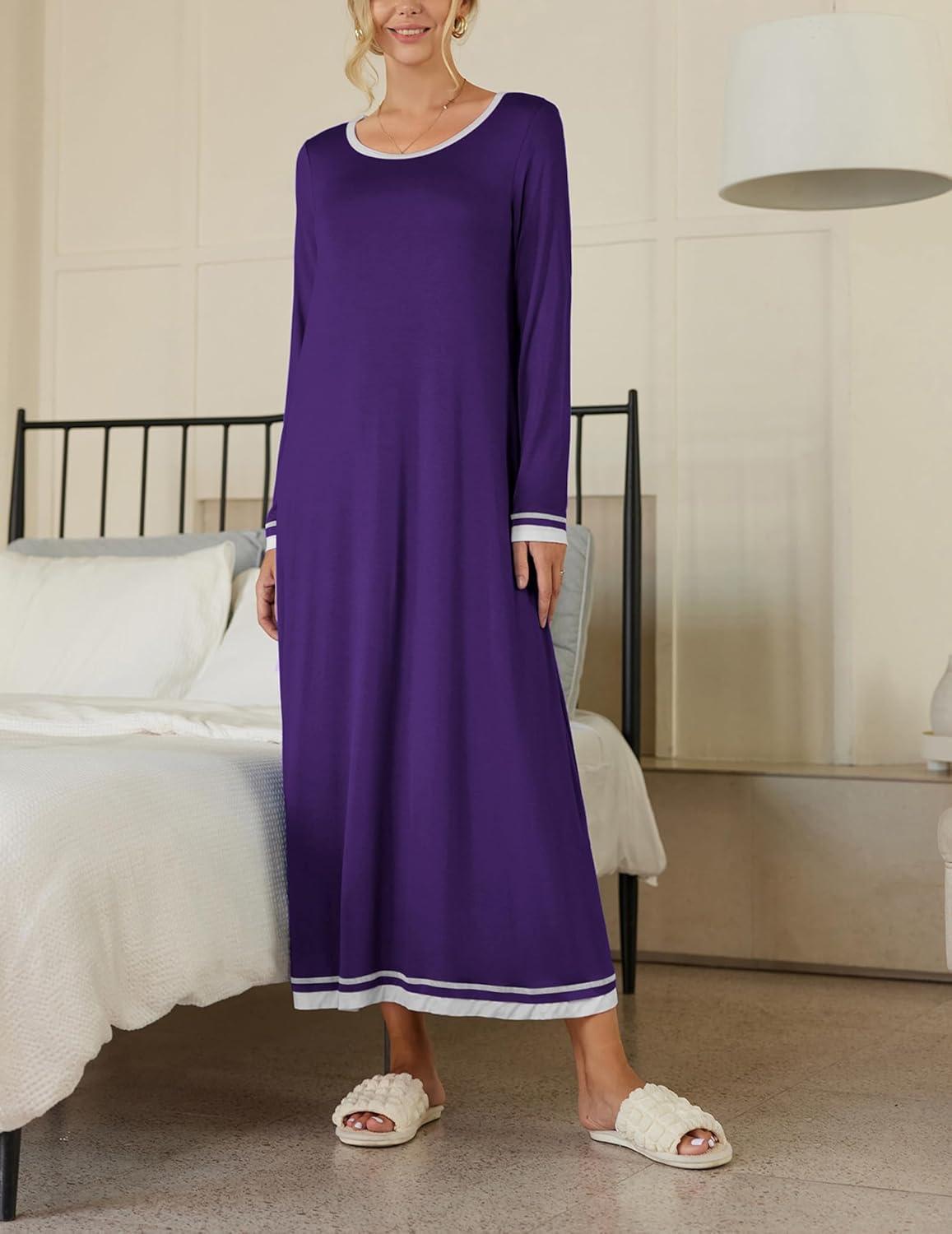imageEkouaer Nightgown Women Long Sleeve Sleepwear Full Length Long Nightshirt Soft Loungewear S4XLPurple