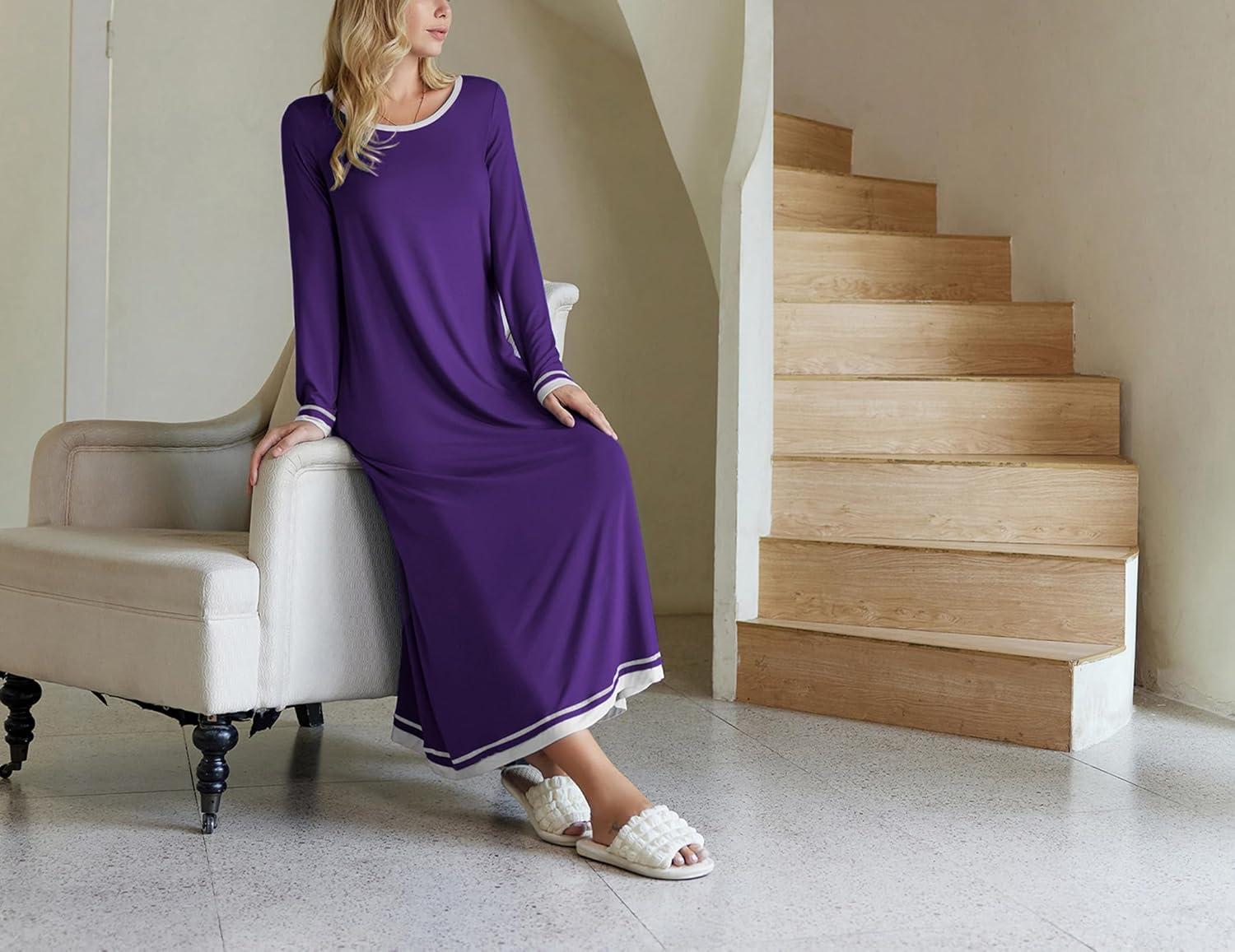 imageEkouaer Nightgown Women Long Sleeve Sleepwear Full Length Long Nightshirt Soft Loungewear S4XLPurple
