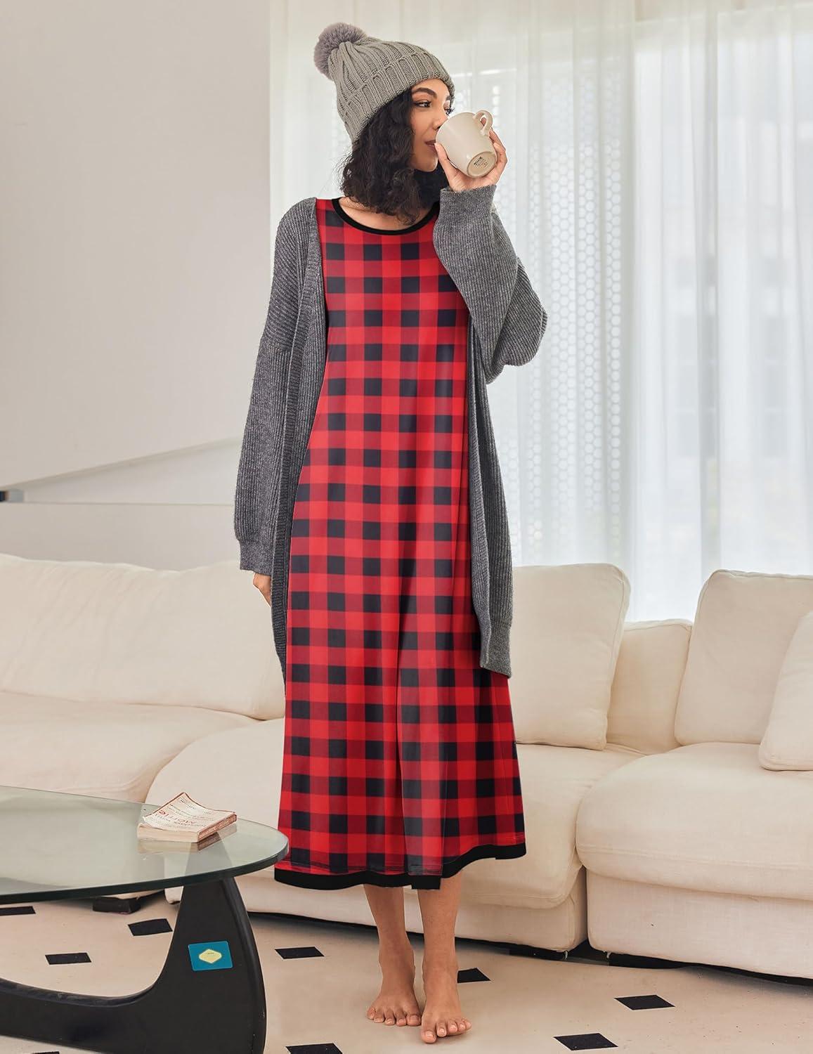 imageEkouaer Nightgown Women Long Sleeve Sleepwear Full Length Long Nightshirt Soft Loungewear S4XLRed Plaid