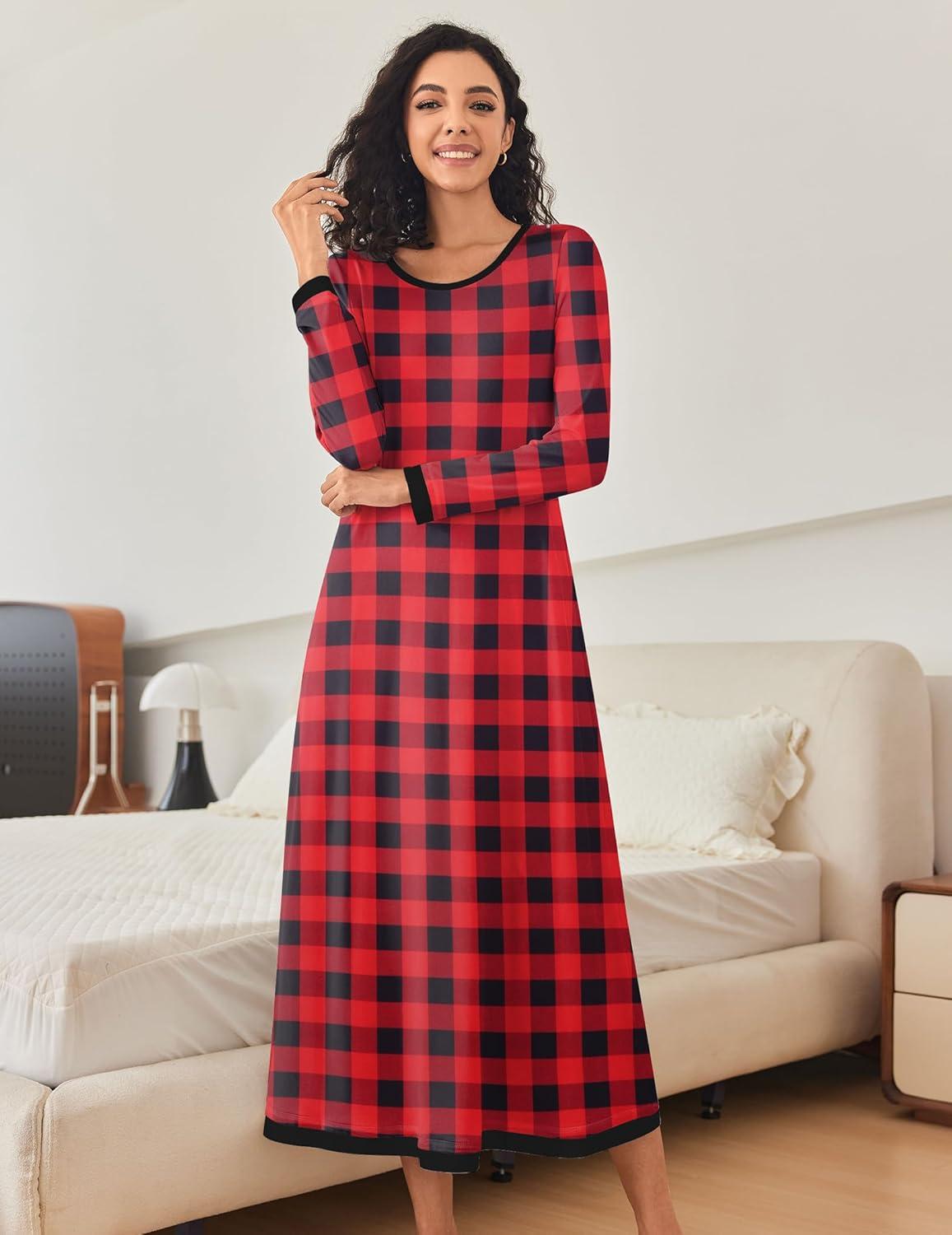 imageEkouaer Nightgown Women Long Sleeve Sleepwear Full Length Long Nightshirt Soft Loungewear S4XLRed Plaid