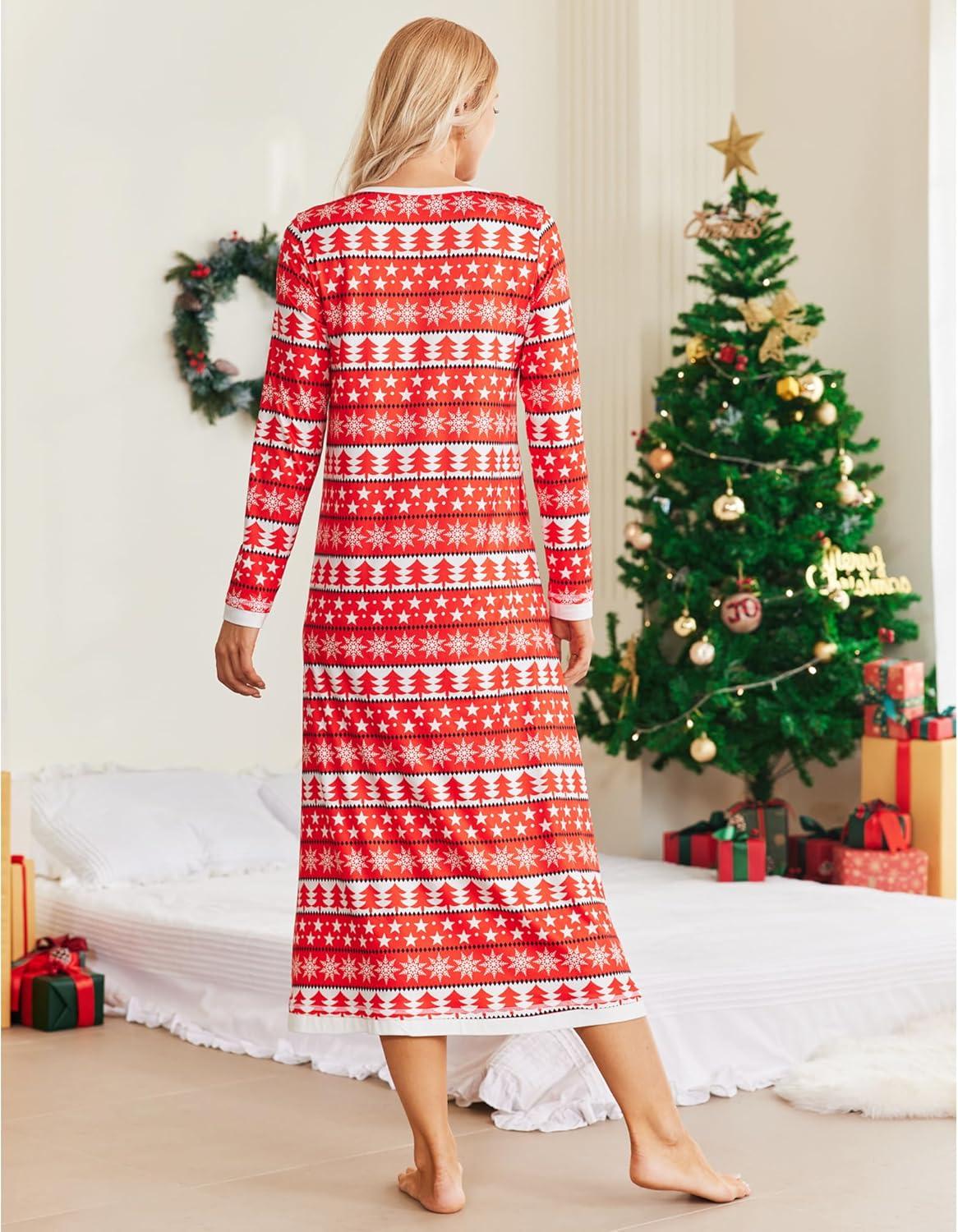 imageEkouaer Nightgown Women Long Sleeve Sleepwear Full Length Long Nightshirt Soft Loungewear S4XLRed Xmas Tree