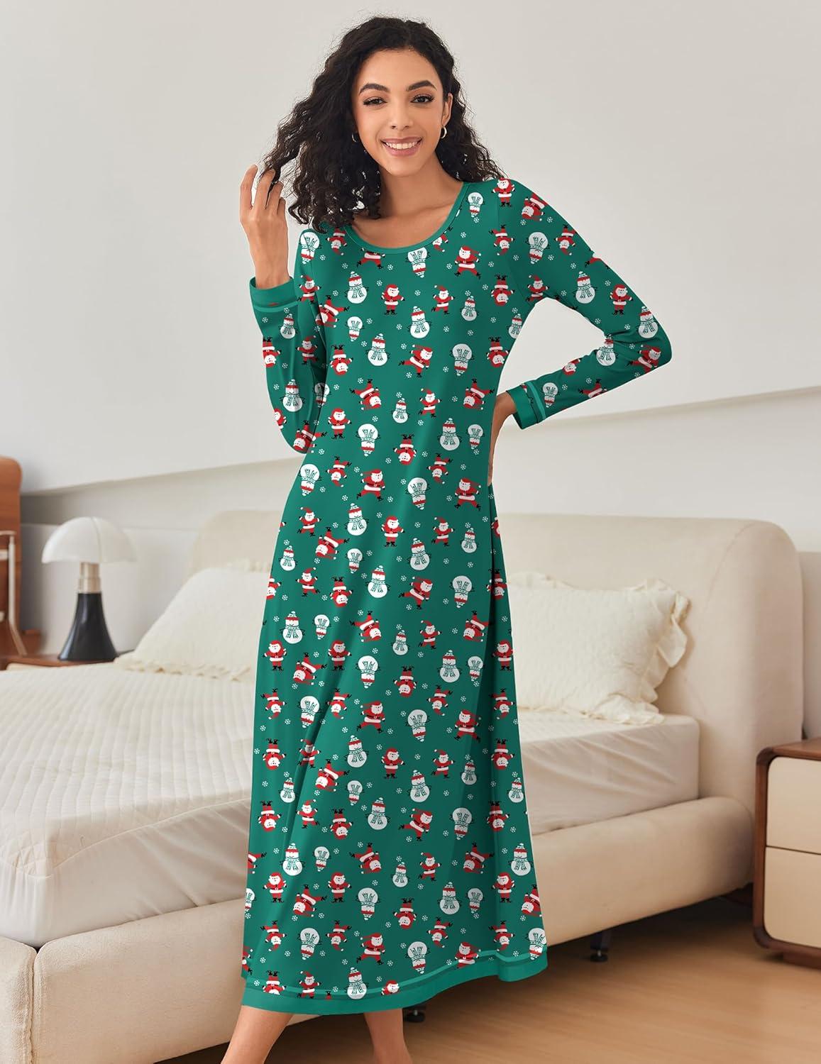 imageEkouaer Nightgown Women Long Sleeve Sleepwear Full Length Long Nightshirt Soft Loungewear S4XLSanta Claus