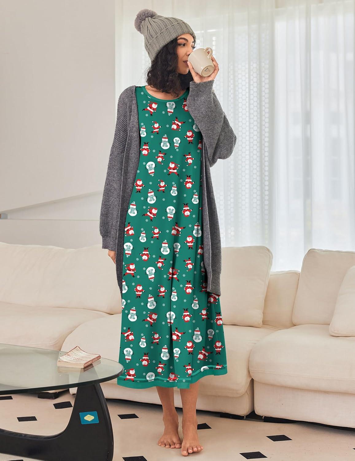 imageEkouaer Nightgown Women Long Sleeve Sleepwear Full Length Long Nightshirt Soft Loungewear S4XLSanta Claus