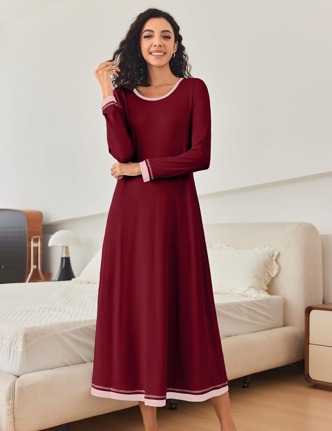 imageEkouaer Nightgown Women Long Sleeve Sleepwear Full Length Long Nightshirt Soft Loungewear S4XLWine Red
