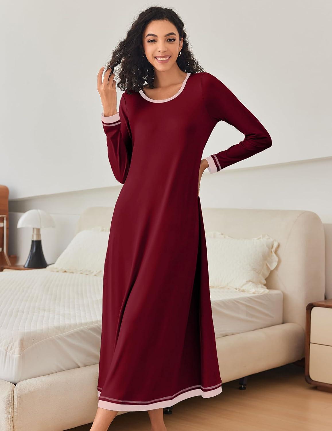 imageEkouaer Nightgown Women Long Sleeve Sleepwear Full Length Long Nightshirt Soft Loungewear S4XLWine Red