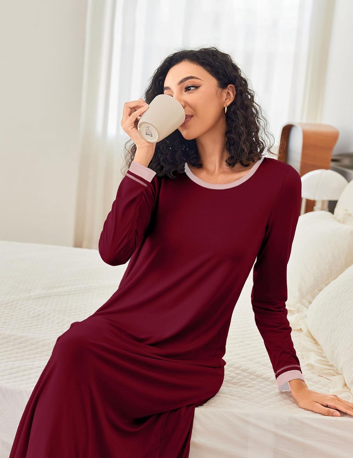 imageEkouaer Nightgown Women Long Sleeve Sleepwear Full Length Long Nightshirt Soft Loungewear S4XLWine Red