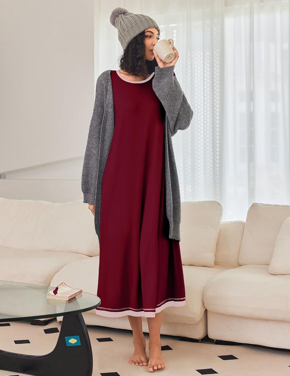imageEkouaer Nightgown Women Long Sleeve Sleepwear Full Length Long Nightshirt Soft Loungewear S4XLWine Red