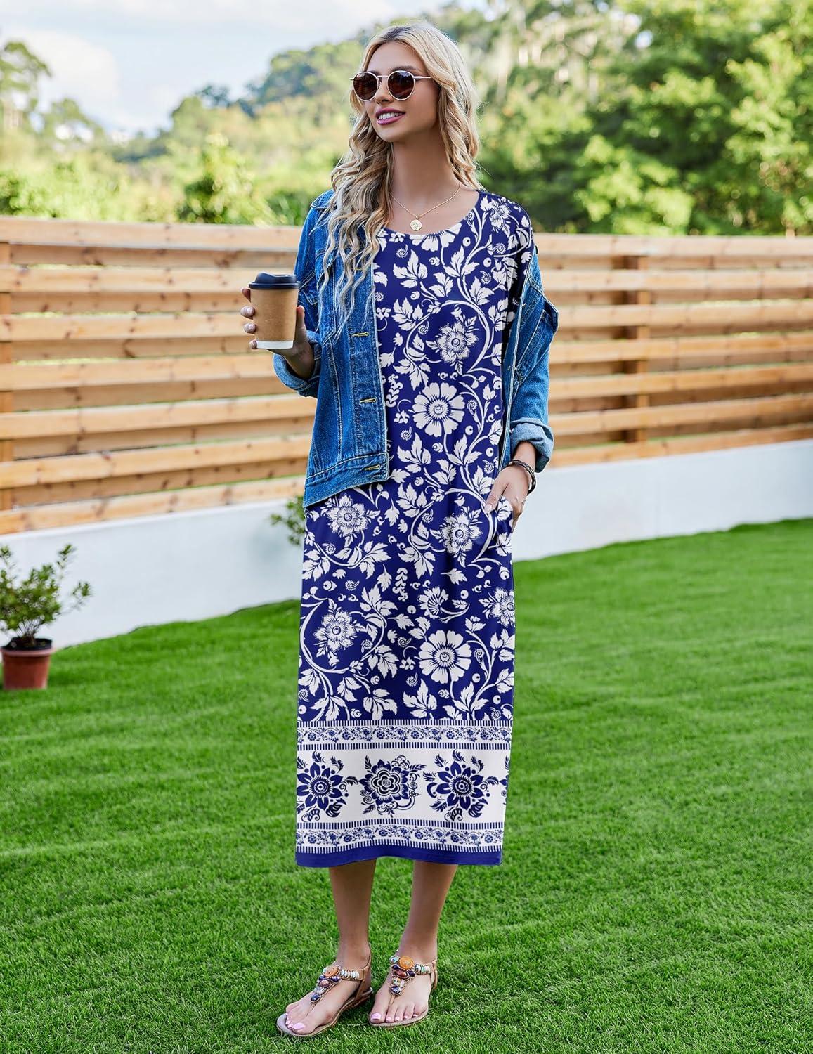 imageEkouaer Womens Nightgown Short Sleeve Sleepshirt Long Loungewear Casual Maxi Lounge Dress House Dresses with PocketsBohemian Flowers Blue
