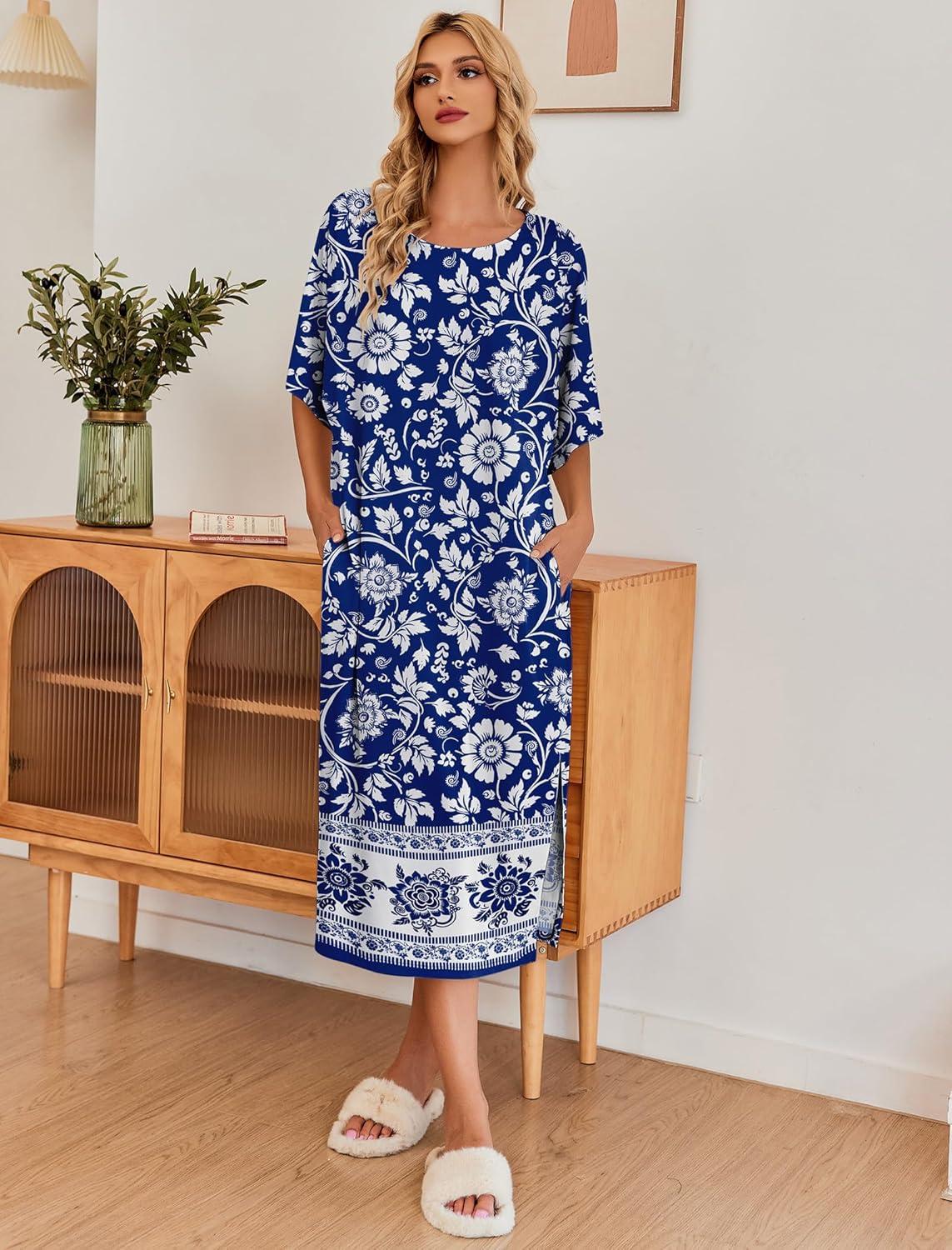 imageEkouaer Womens Nightgown Short Sleeve Sleepshirt Long Loungewear Casual Maxi Lounge Dress House Dresses with PocketsBohemian Flowers Blue