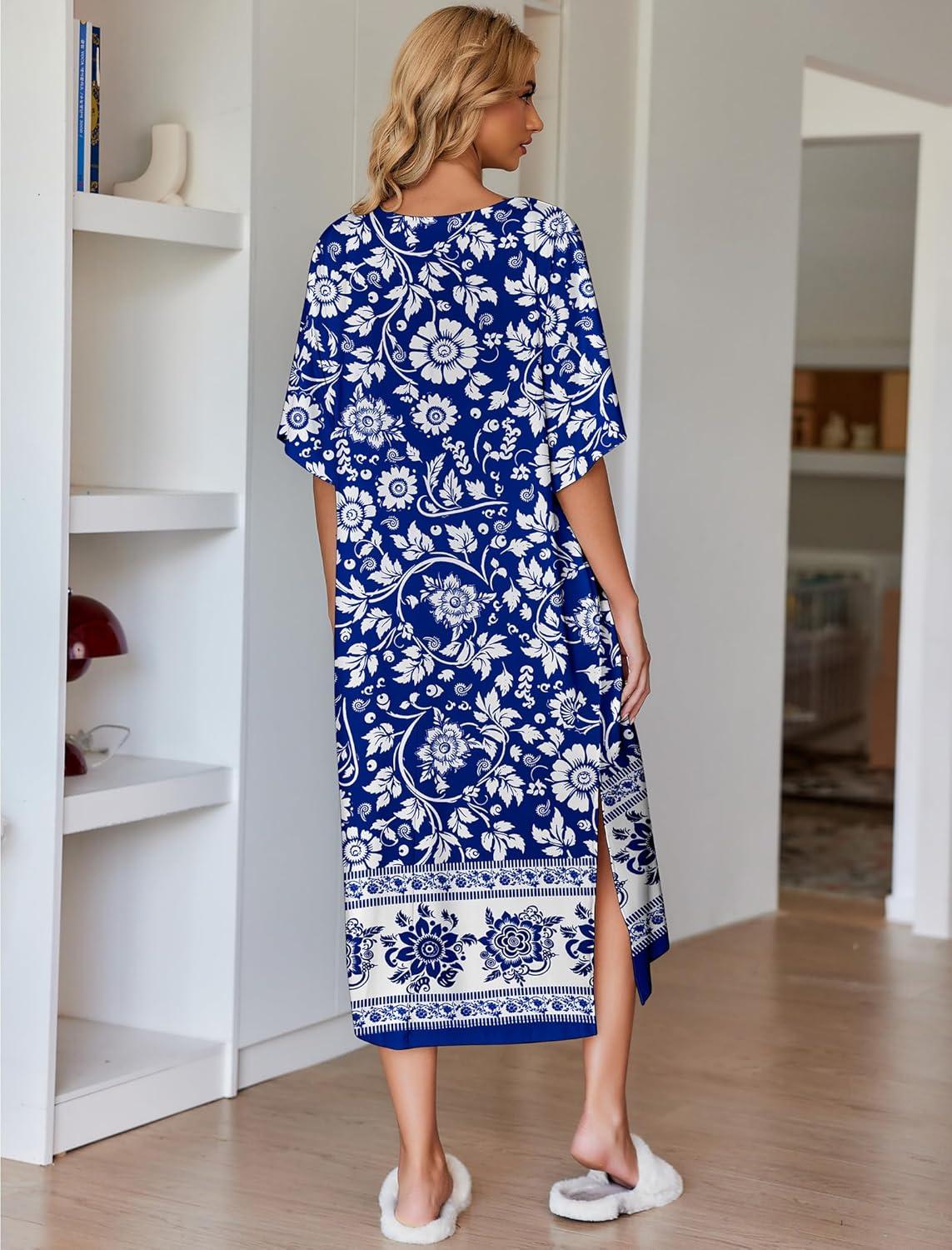 imageEkouaer Womens Nightgown Short Sleeve Sleepshirt Long Loungewear Casual Maxi Lounge Dress House Dresses with PocketsBohemian Flowers Blue