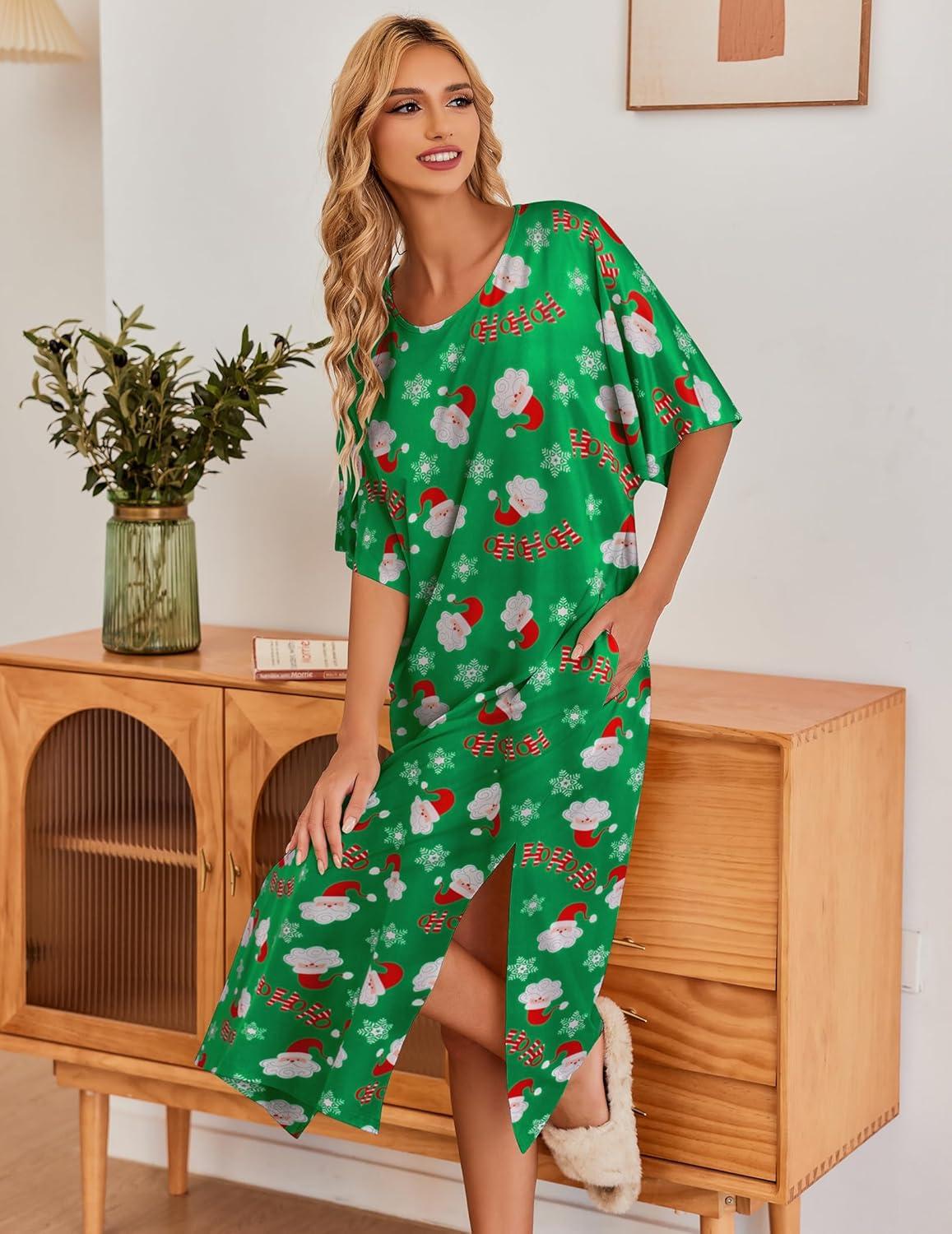 imageEkouaer Womens Nightgown Short Sleeve Sleepshirt Long Loungewear Casual Maxi Lounge Dress House Dresses with PocketsChristmas Green Snowman