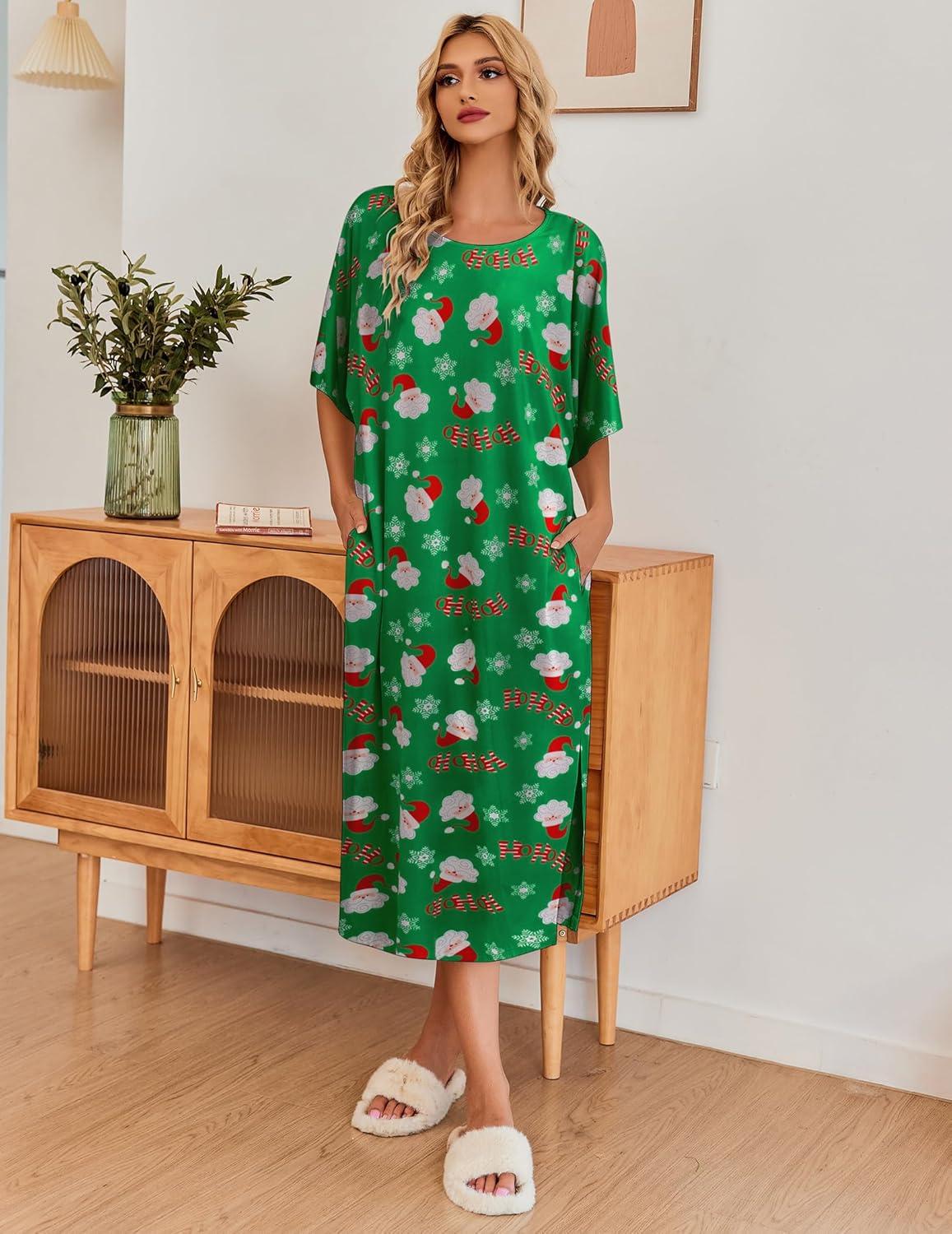 imageEkouaer Womens Nightgown Short Sleeve Sleepshirt Long Loungewear Casual Maxi Lounge Dress House Dresses with PocketsChristmas Green Snowman