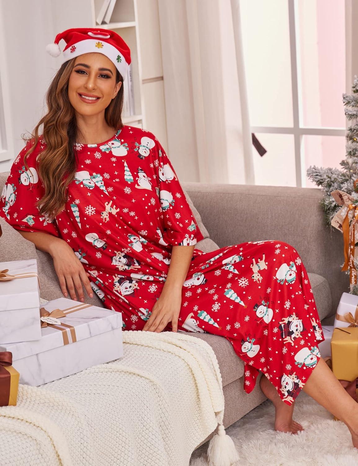 imageEkouaer Womens Nightgown Short Sleeve Sleepshirt Long Loungewear Casual Maxi Lounge Dress House Dresses with PocketsChristmas Red Snowman