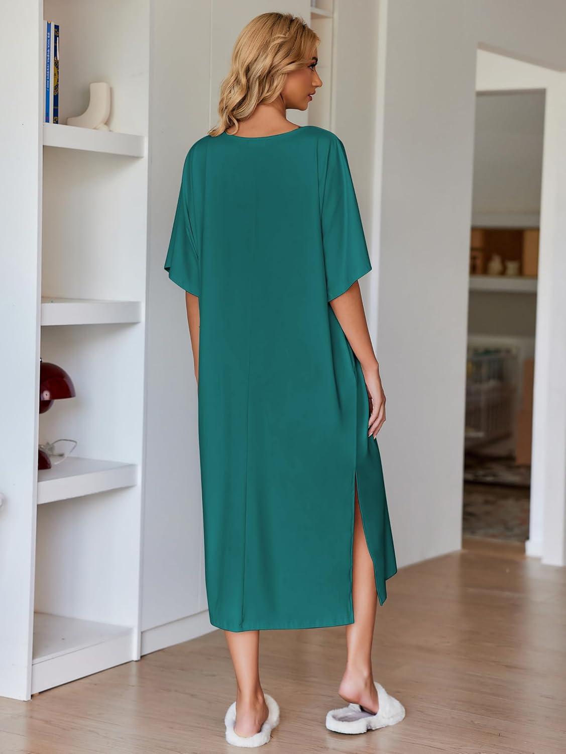 imageEkouaer Womens Nightgown Short Sleeve Sleepshirt Long Loungewear Casual Maxi Lounge Dress House Dresses with PocketsDark Green