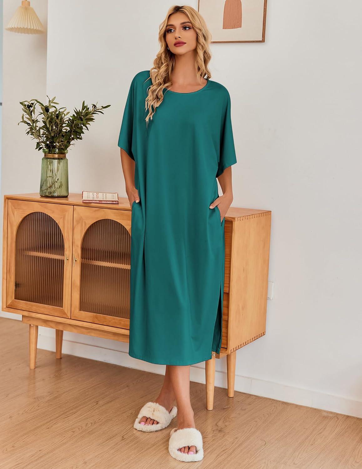 imageEkouaer Womens Nightgown Short Sleeve Sleepshirt Long Loungewear Casual Maxi Lounge Dress House Dresses with PocketsDark Green