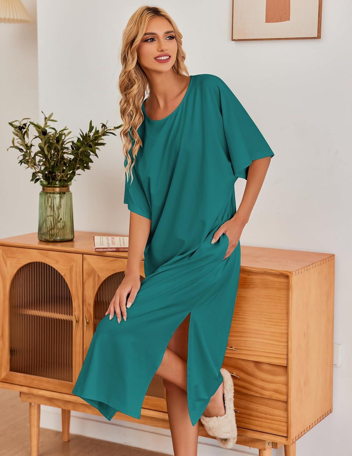 imageEkouaer Womens Nightgown Short Sleeve Sleepshirt Long Loungewear Casual Maxi Lounge Dress House Dresses with PocketsDark Green