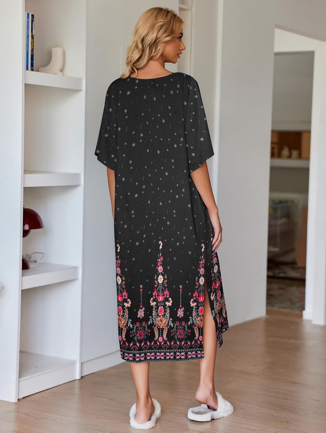 imageEkouaer Womens Nightgown Short Sleeve Sleepshirt Long Loungewear Casual Maxi Lounge Dress House Dresses with PocketsFloral Black