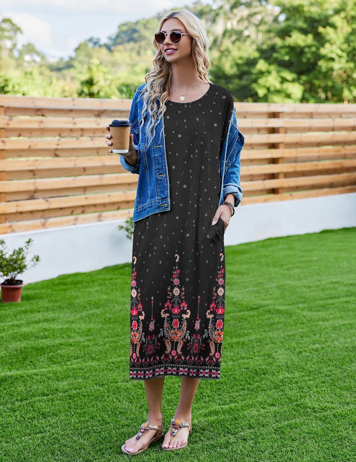 imageEkouaer Womens Nightgown Short Sleeve Sleepshirt Long Loungewear Casual Maxi Lounge Dress House Dresses with PocketsFloral Black