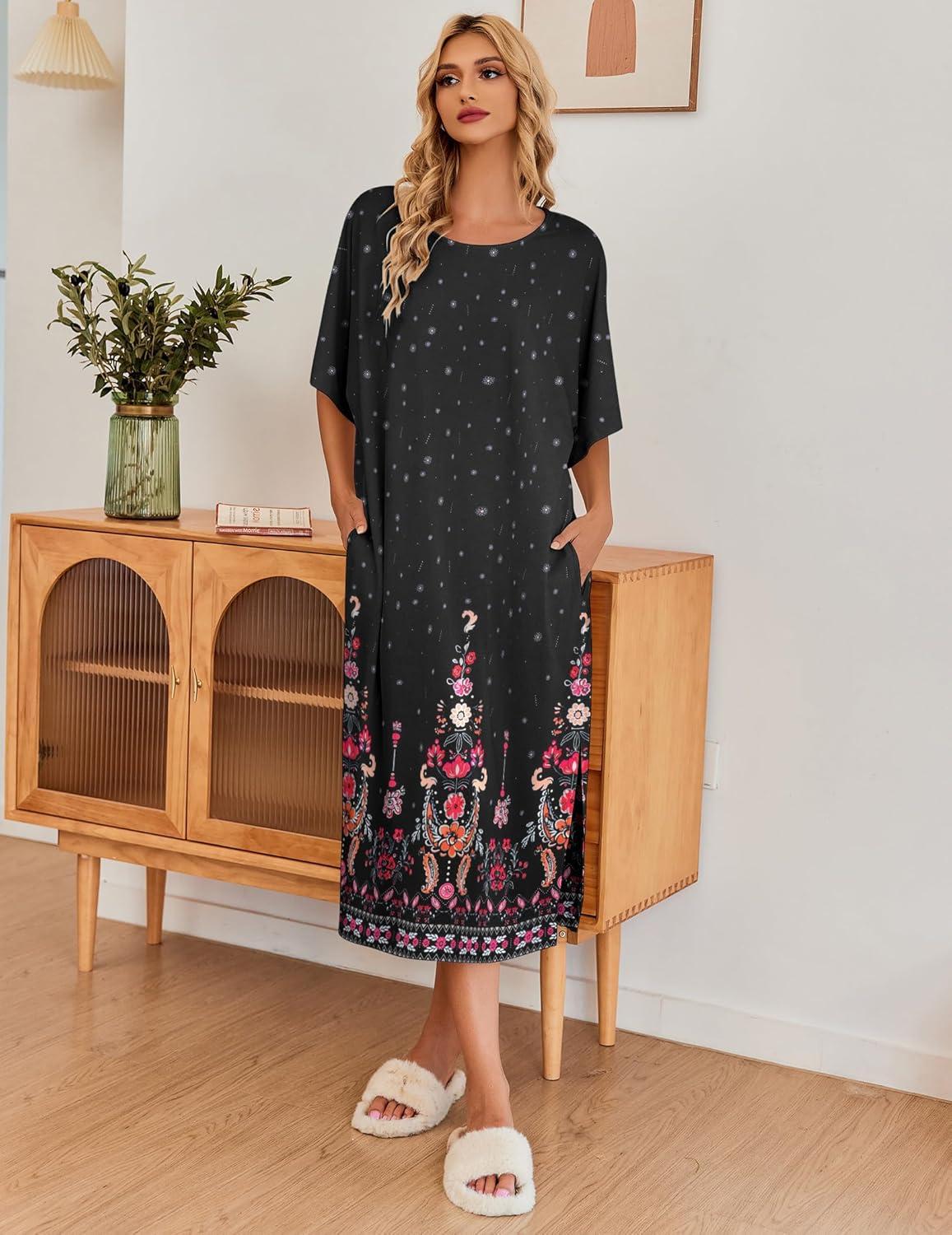 imageEkouaer Womens Nightgown Short Sleeve Sleepshirt Long Loungewear Casual Maxi Lounge Dress House Dresses with PocketsFloral Black