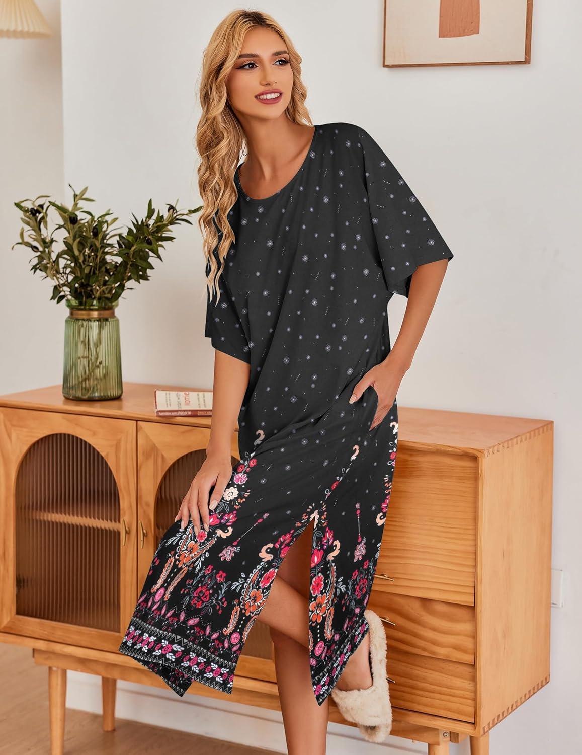imageEkouaer Womens Nightgown Short Sleeve Sleepshirt Long Loungewear Casual Maxi Lounge Dress House Dresses with PocketsFloral Black
