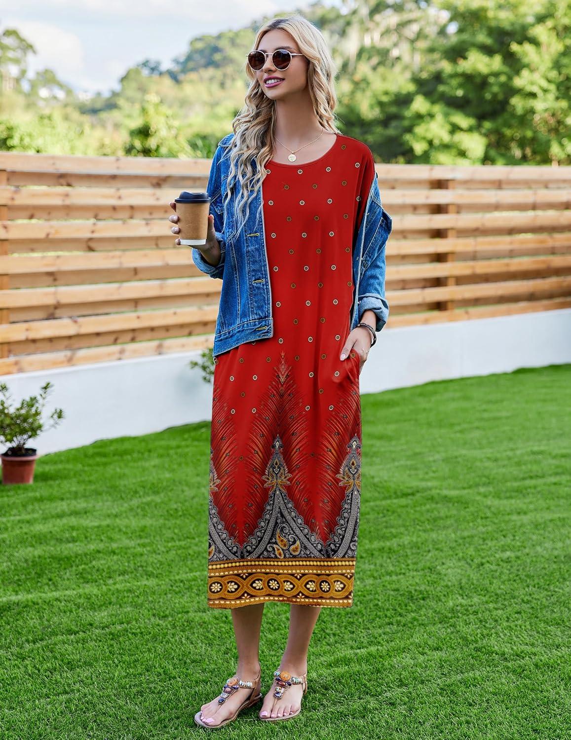 imageEkouaer Womens Nightgown Short Sleeve Sleepshirt Long Loungewear Casual Maxi Lounge Dress House Dresses with PocketsFloral Red