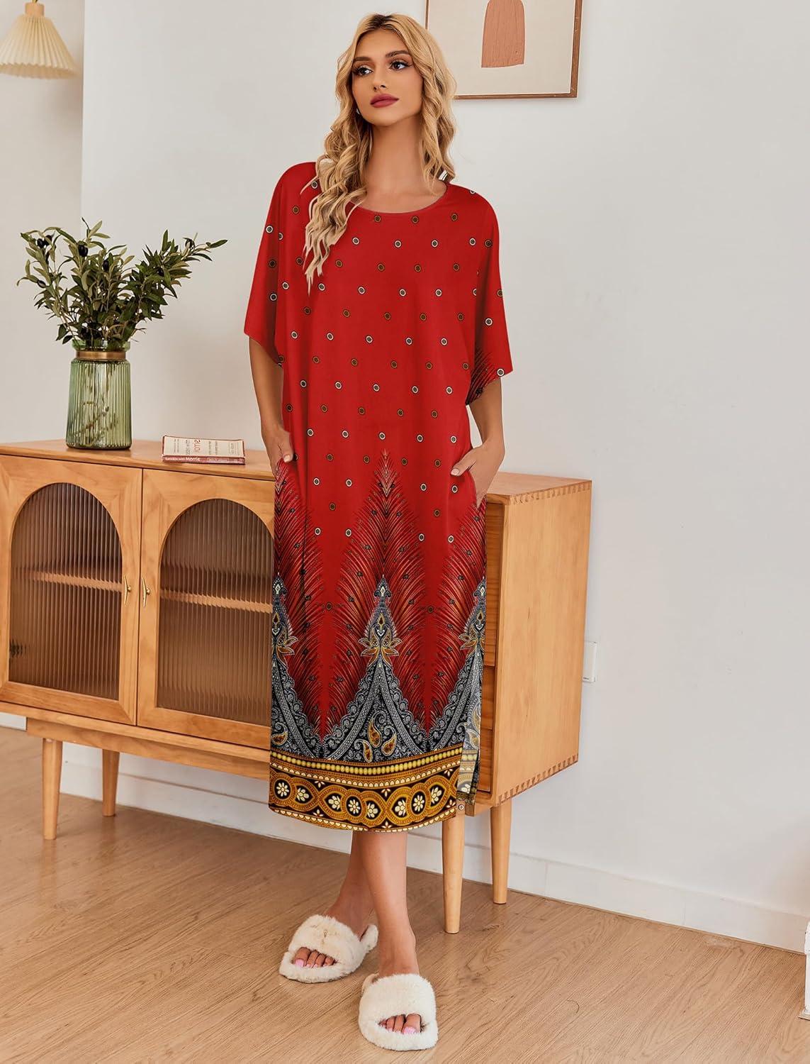 imageEkouaer Womens Nightgown Short Sleeve Sleepshirt Long Loungewear Casual Maxi Lounge Dress House Dresses with PocketsFloral Red