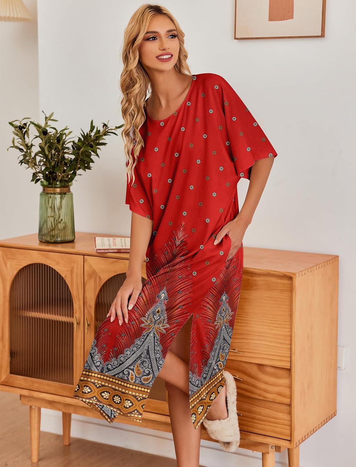 imageEkouaer Womens Nightgown Short Sleeve Sleepshirt Long Loungewear Casual Maxi Lounge Dress House Dresses with PocketsFloral Red