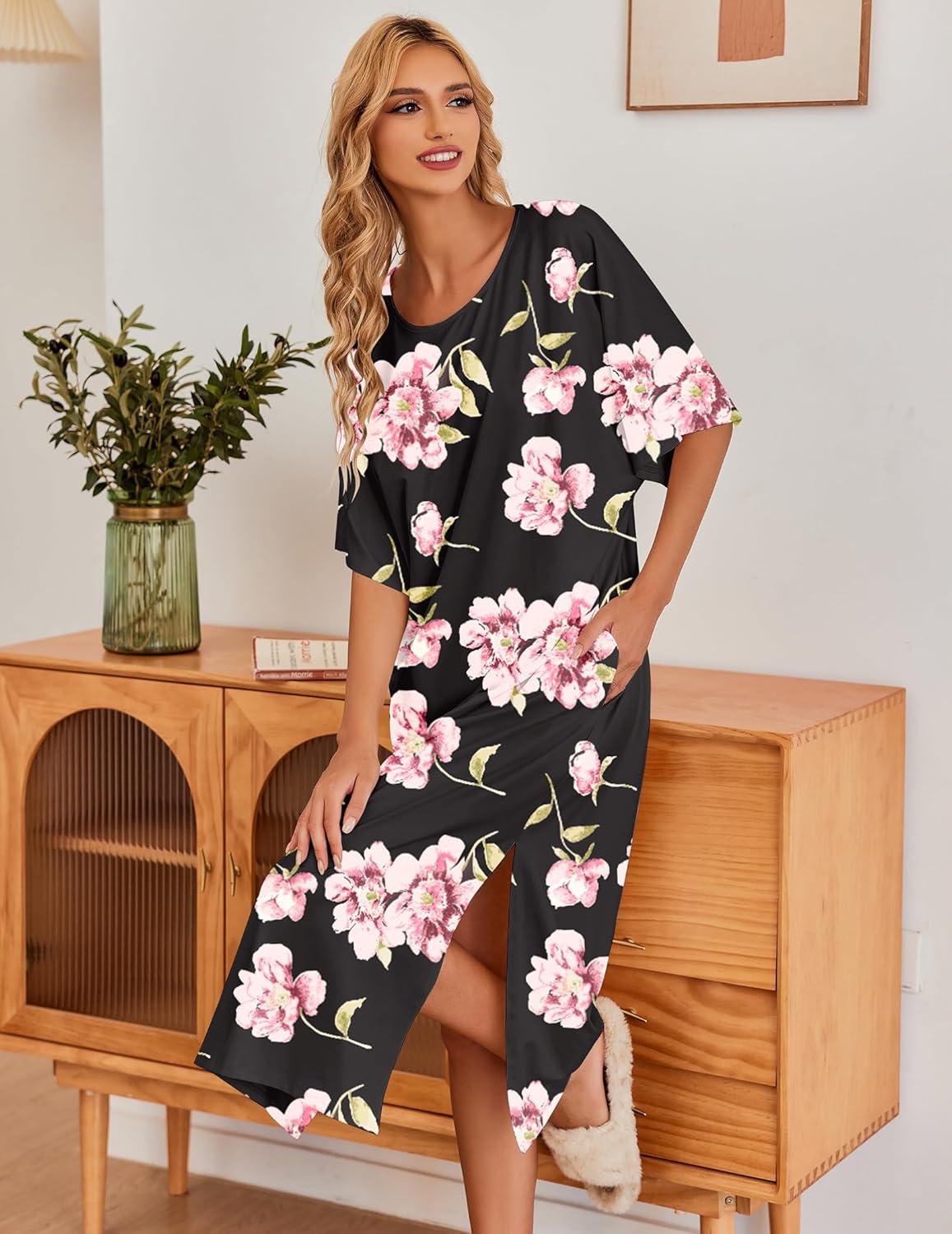 imageEkouaer Womens Nightgown Short Sleeve Sleepshirt Long Loungewear Casual Maxi Lounge Dress House Dresses with PocketsFlower Black