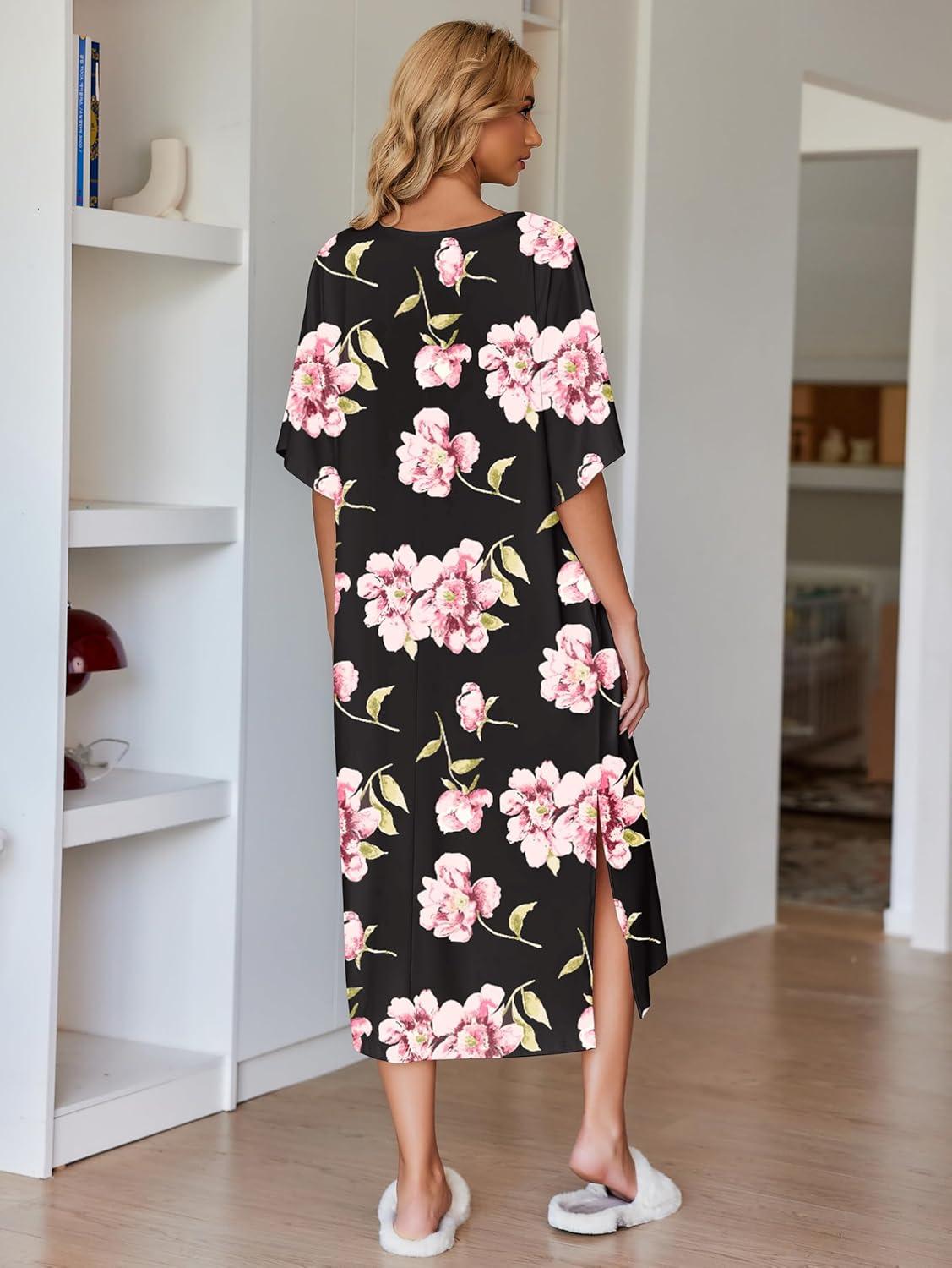 imageEkouaer Womens Nightgown Short Sleeve Sleepshirt Long Loungewear Casual Maxi Lounge Dress House Dresses with PocketsFlower Black