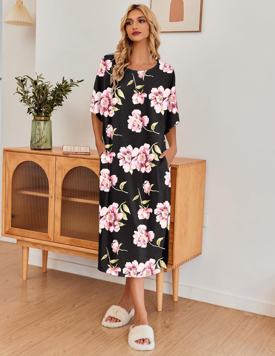 imageEkouaer Womens Nightgown Short Sleeve Sleepshirt Long Loungewear Casual Maxi Lounge Dress House Dresses with PocketsFlower Black