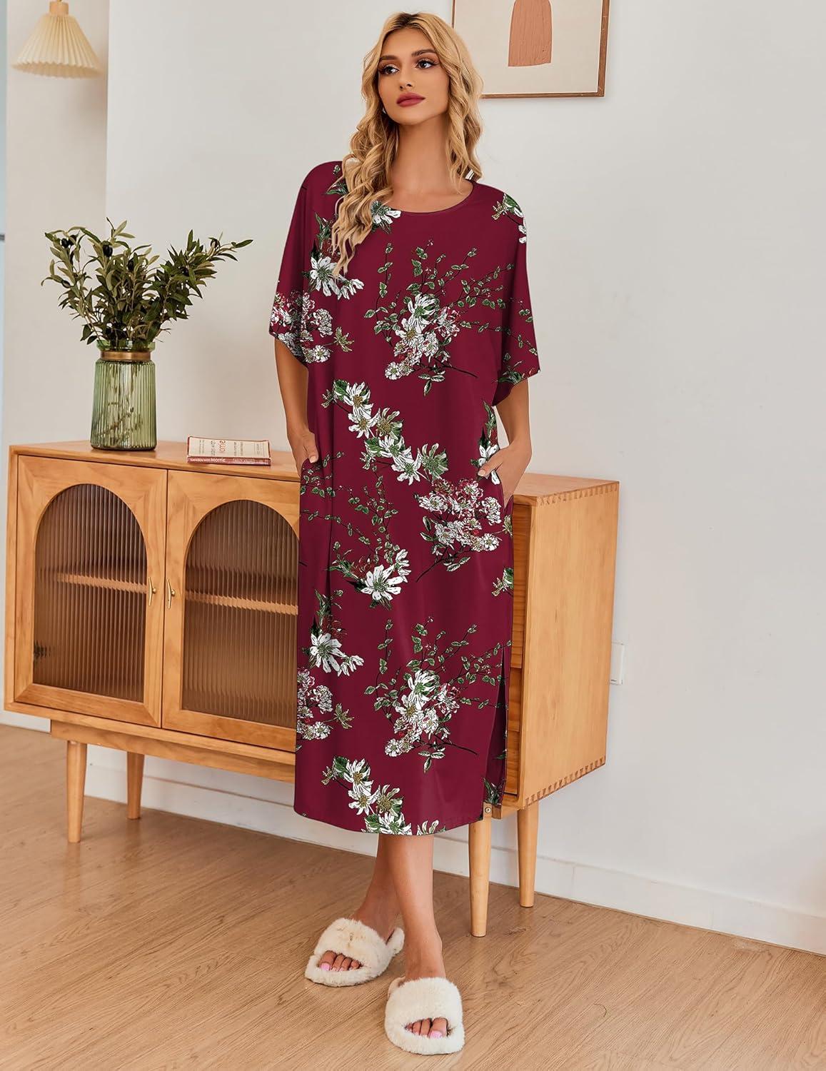 imageEkouaer Womens Nightgown Short Sleeve Sleepshirt Long Loungewear Casual Maxi Lounge Dress House Dresses with PocketsFlower Wine Red