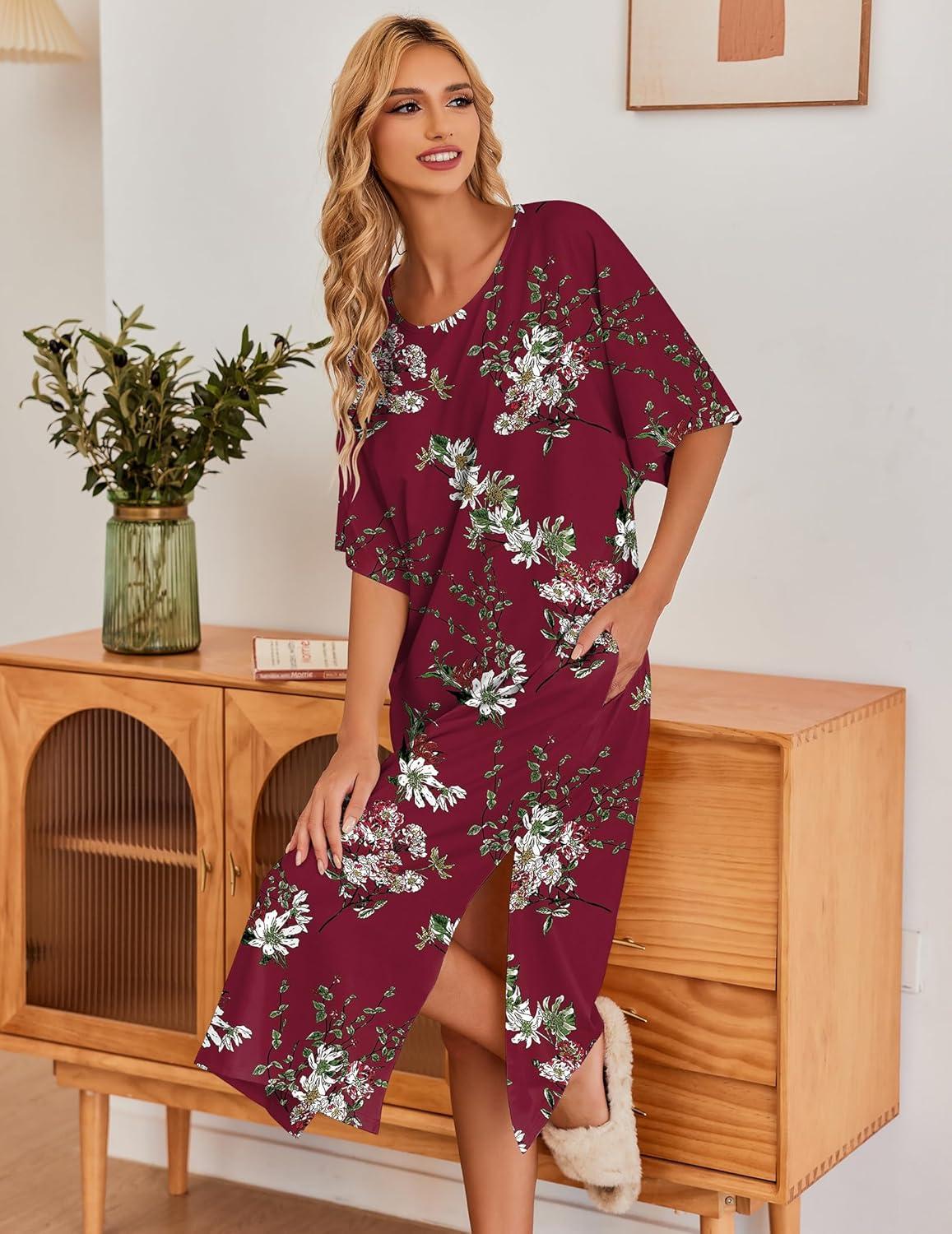 imageEkouaer Womens Nightgown Short Sleeve Sleepshirt Long Loungewear Casual Maxi Lounge Dress House Dresses with PocketsFlower Wine Red
