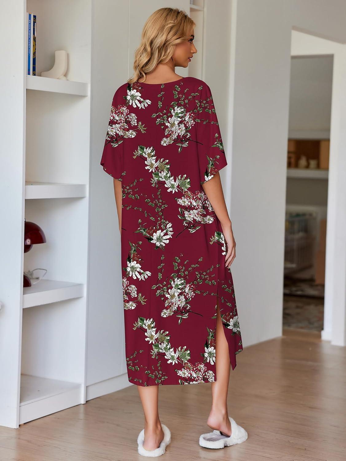 imageEkouaer Womens Nightgown Short Sleeve Sleepshirt Long Loungewear Casual Maxi Lounge Dress House Dresses with PocketsFlower Wine Red
