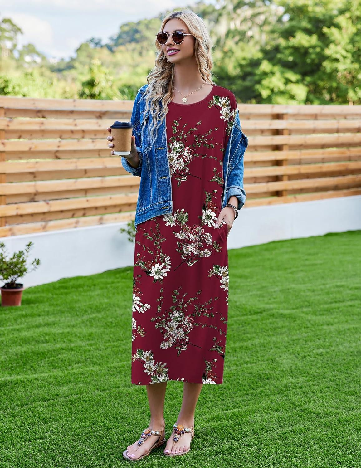 imageEkouaer Womens Nightgown Short Sleeve Sleepshirt Long Loungewear Casual Maxi Lounge Dress House Dresses with PocketsFlower Wine Red