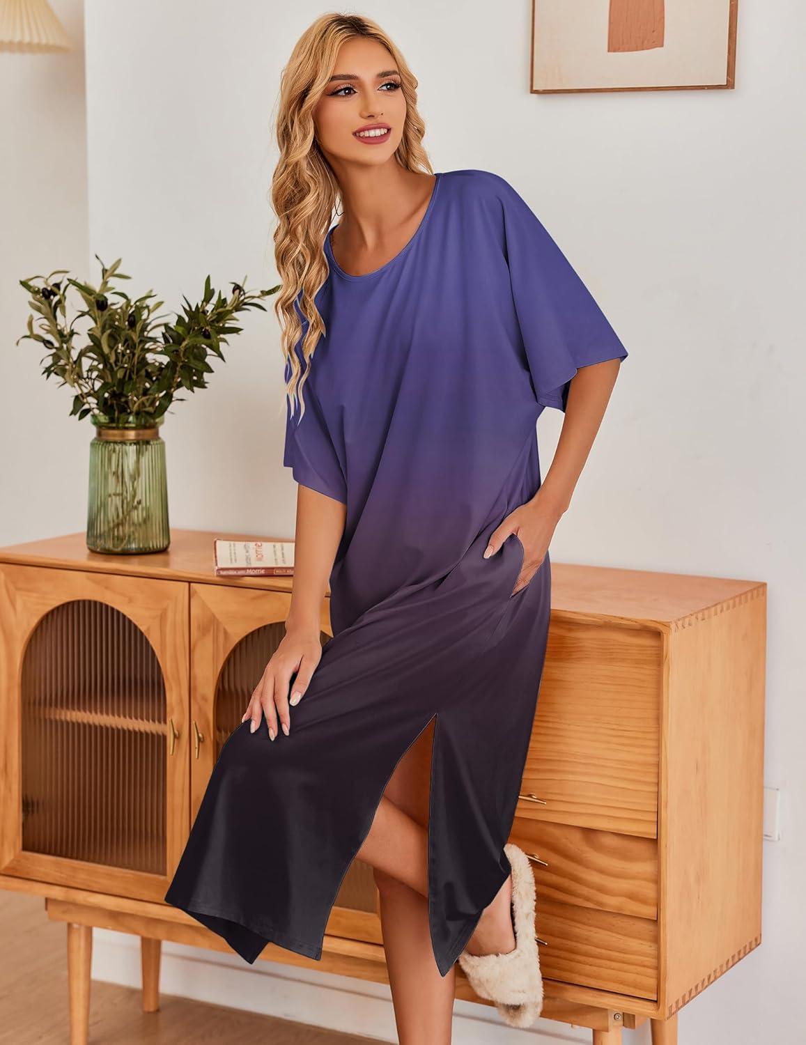 imageEkouaer Womens Nightgown Short Sleeve Sleepshirt Long Loungewear Casual Maxi Lounge Dress House Dresses with PocketsGradients Purple