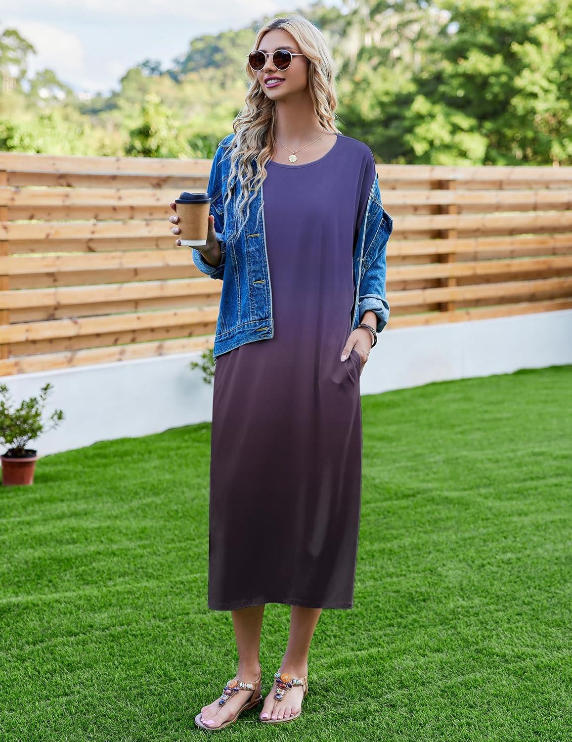 imageEkouaer Womens Nightgown Short Sleeve Sleepshirt Long Loungewear Casual Maxi Lounge Dress House Dresses with PocketsGradients Purple