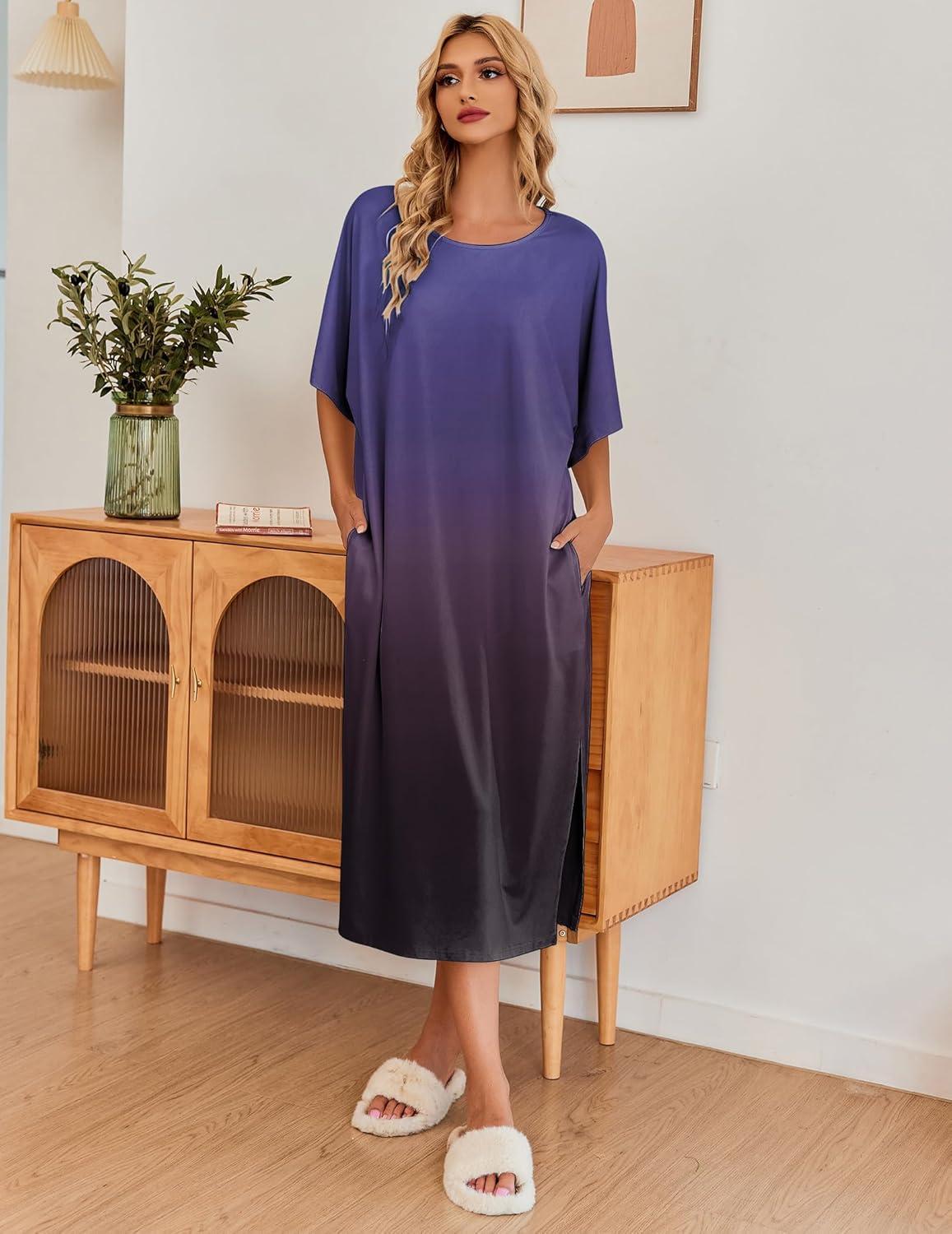 imageEkouaer Womens Nightgown Short Sleeve Sleepshirt Long Loungewear Casual Maxi Lounge Dress House Dresses with PocketsGradients Purple